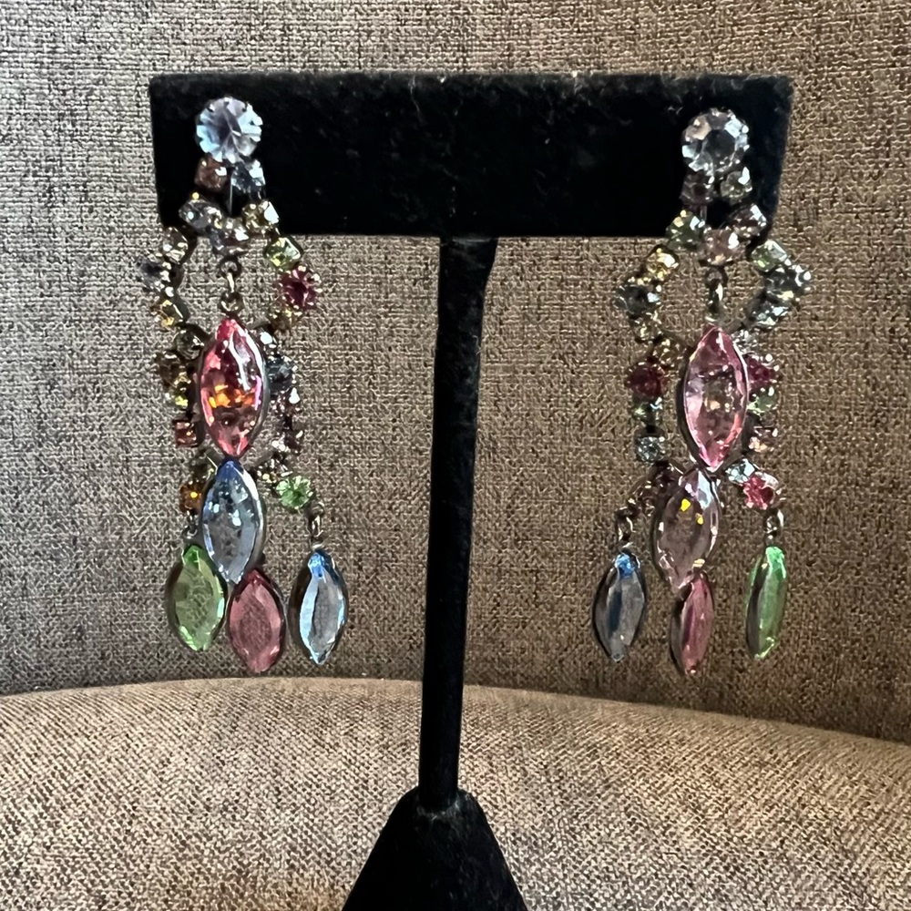 Designer Inspired Metal Gun Grey Tone Chandelier Earrings Faceted Glass Crystals